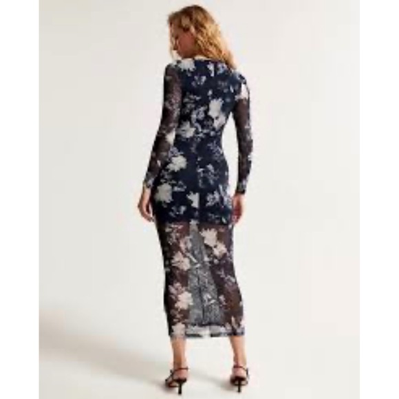 Abercrombie & Fitch Navy Blue Floral Ruched Mesh Maxi Dress Large Stretch NWT - Picture 2 of 10
